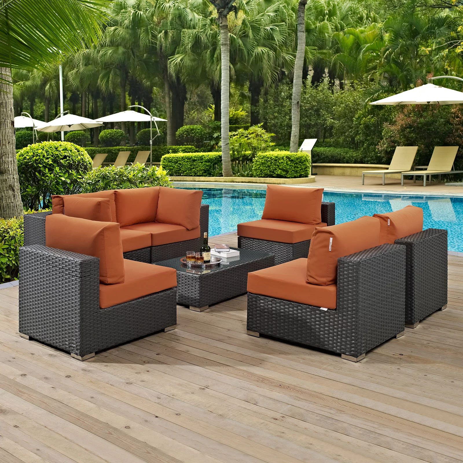 Modway Sojourn 7 Piece Outdoor Patio Sunbrella® Sectional Set in Canvas Tuscan