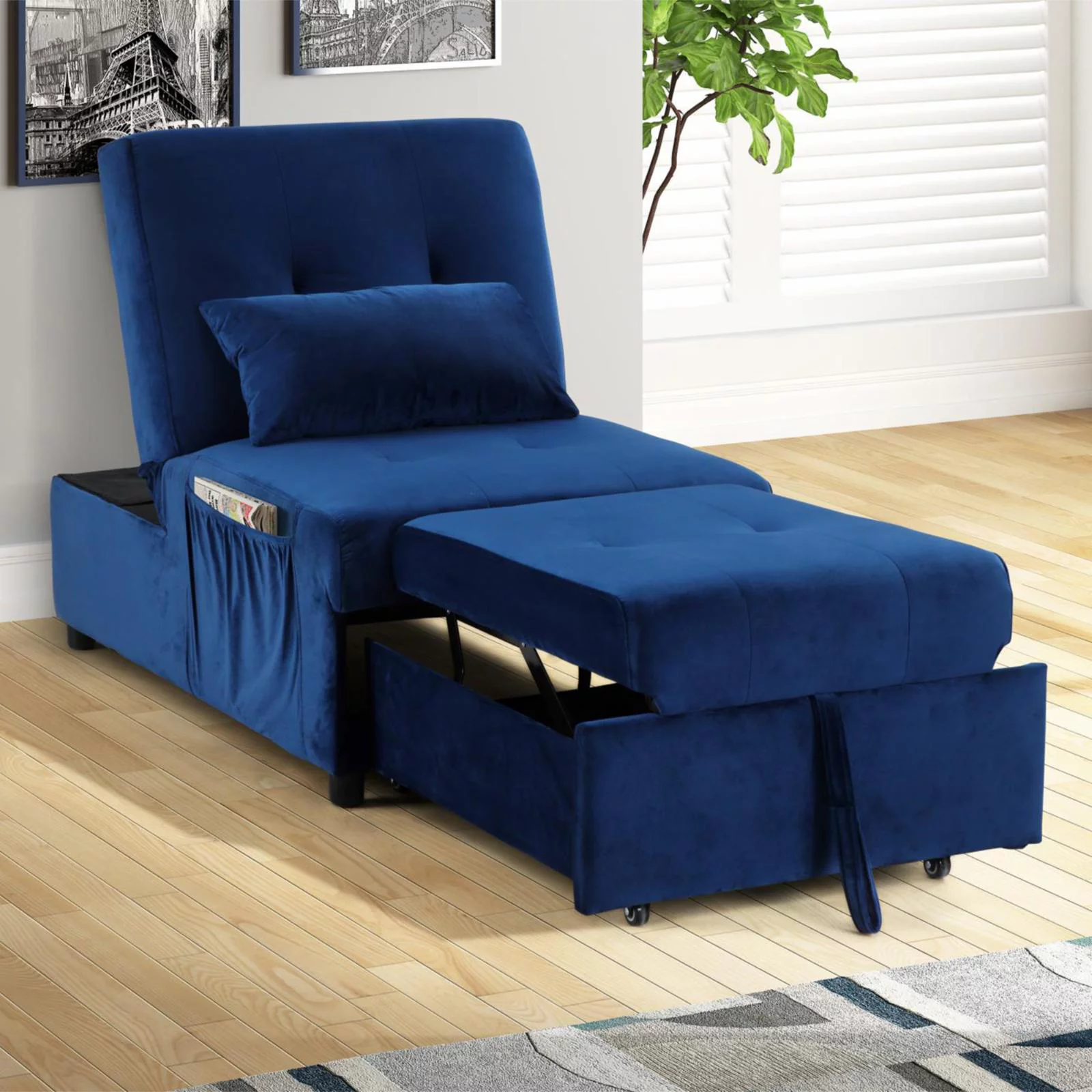 Best Master Furniture Bayani Velvet Adjustable Sleeper Lounge Chaise in Gray