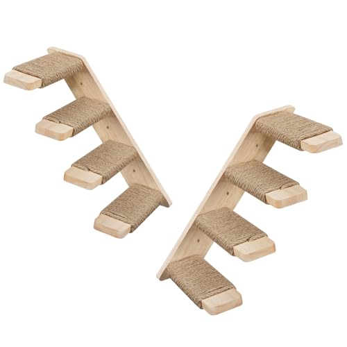 HOOBRO Cat Wall Shelves Set of 2, Wood Wall Mounted 4-Level Cat Wall Steps, Cat Wall Climber Furniture, Cat Climbing Shelves with Jute Scratching Steps, for Cat Perches and Platforms, Nature NL42CS03
