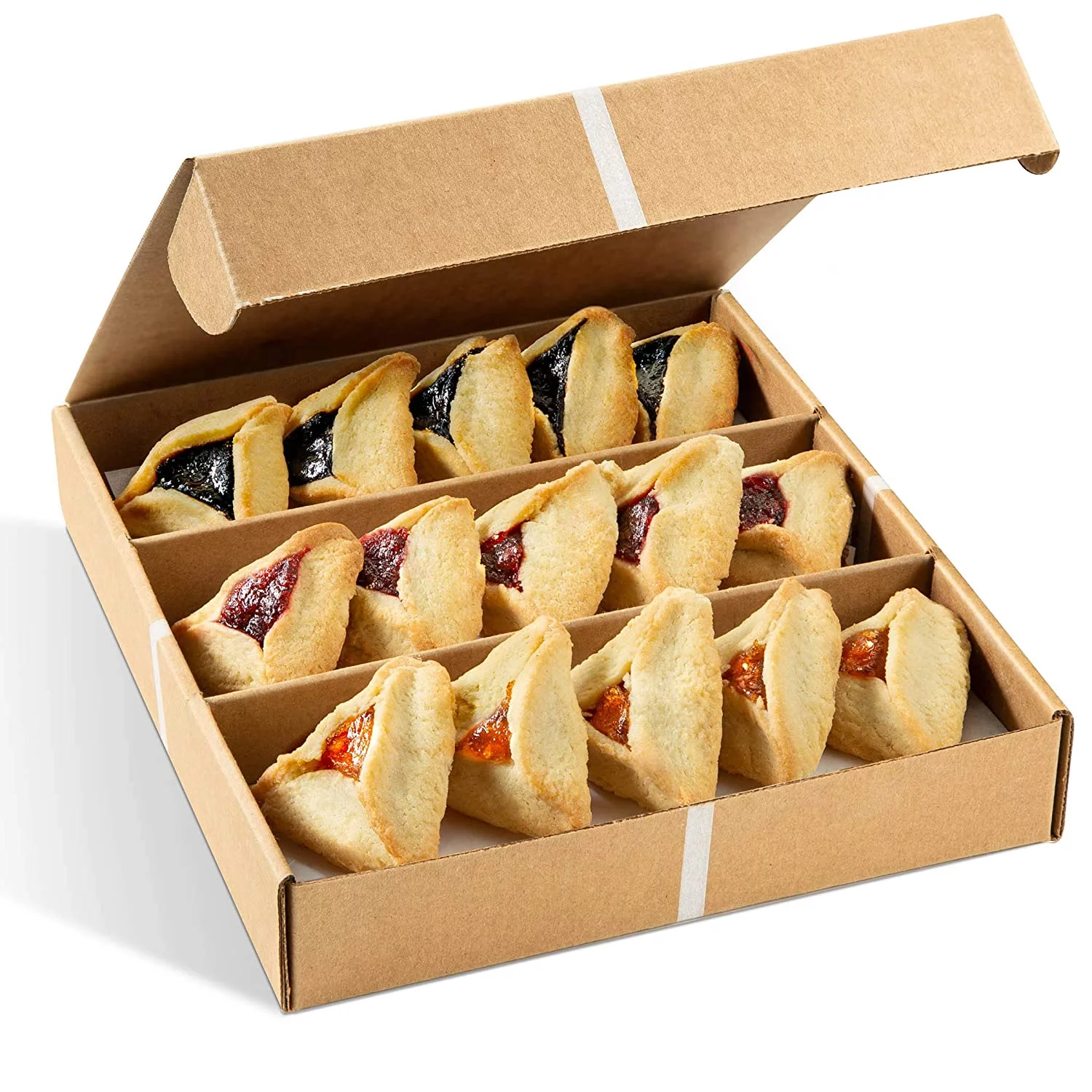 Hamentashen Cookies | Purim Cookies | Shortbread Cookies Gift Basket | 15 Individually Wrapped Hamentaschen in 3 Flavors Raspberry, Apricot & Prune | Mishloach Manot Kosher | Nut Free | Sterns Bakery