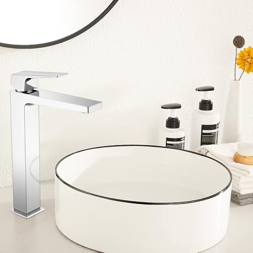 Vessel Sink Faucet Chrome Tall Bathroom Sink Faucet Single Handle One Hole with Supply Hose for Bowl Sink Solid Brass Construction