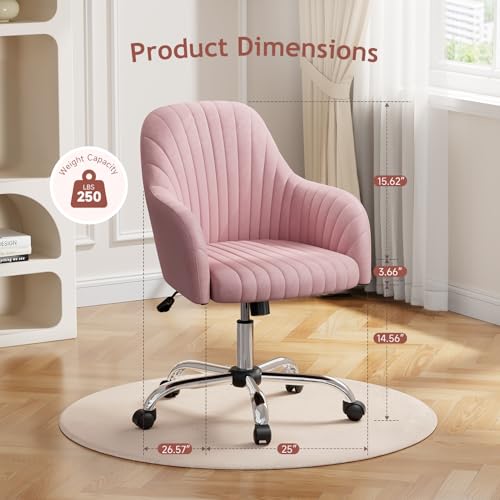 Warmiehomy Velvet Fabric Home Office Chair Comfy Vanity Chairs Adjustable 360° Swivel Upholstered Computer Task Chair Living Room Chairs with Arms, Pink Desk Chair