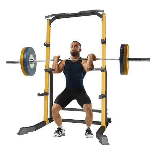 Power Cage Squat Rack – Heavy Duty 1000LB Capacity Home Gym System with Adjustable Pull-Up Bar, Safety Spotter Arms & J-Hooks for Weight Lifting, Bench Press, Crossfit – Yellow​​