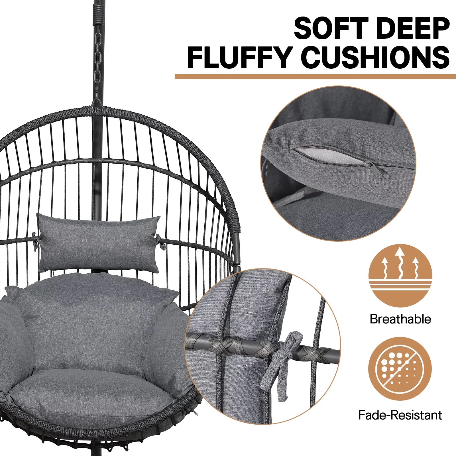 JOIVI Patio Swing Egg Chair with Stand, Oversized Cocoon-Shaped Hammock Chair with Cushion, Dark Gray