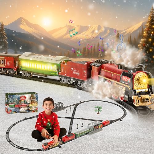 Electric Train Set for Kids with Remote Control, Classic Steam Locomotive with Smoke, Lights & Sounds, Kids Christmas Trains Tracks Toys for Christmas