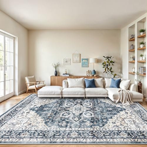 AMADA HOMEFURNISHING 8x10 Washable Area Rug, Low-Profile Large Area Rug with Non-Slip Backing & Durable Edge Binding, Vintage Large Rugs for Living Room, Bedroom, Dinning Room