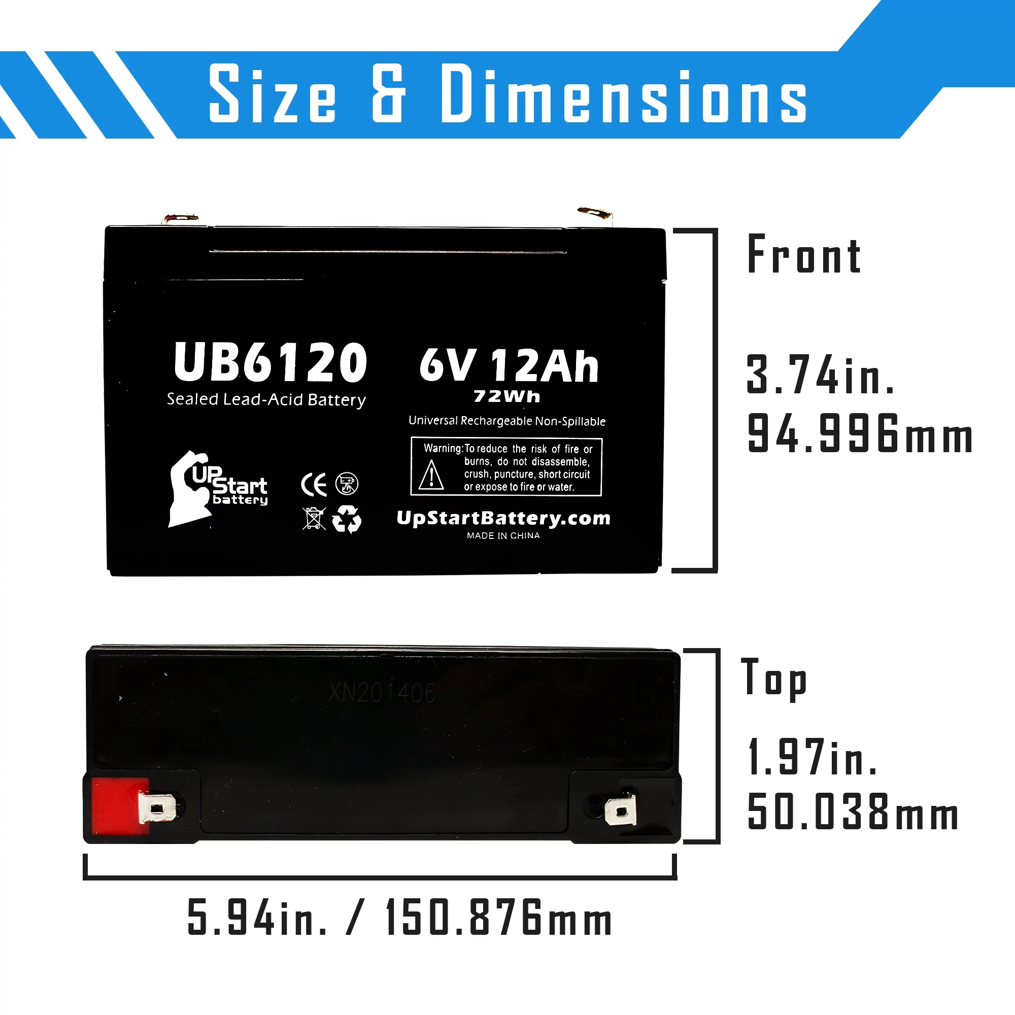 2x Pack - Compatible W. W. GRAINGER 5VC14 Battery - Replacement UB6120 Universal Sealed Lead Acid Battery (6V, 12Ah, 12000mAh, F1 Terminal, AGM, SLA) - Includes 4 F1 to F2 Terminal Adapters
