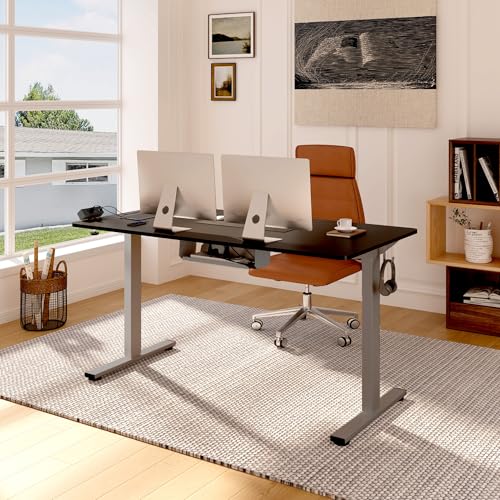 FLEXISPOT EN2 Whole-Piece Standing Desk with Clamp Power Strip, 55 x 28” Electric Stand Up Height Adjustable Desk with Cable Management (Black Frame + 55
