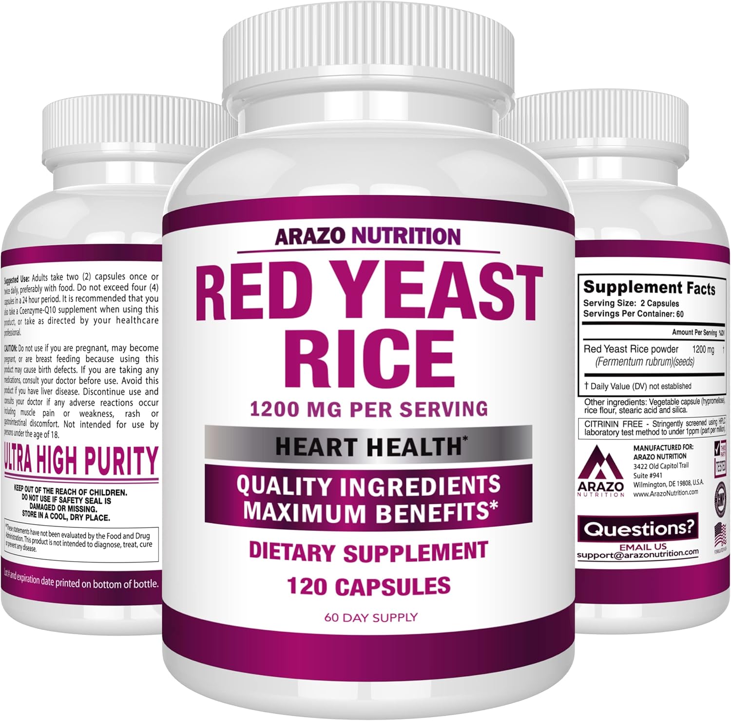 Arazo Nutrition Red Yeast Rice Extract 1200 MG – Citrinin Free Supplement – Vegetarian 120 Capsules