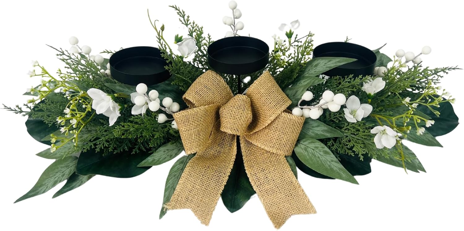 Candle Holders Centerpiece for Table,3 Wick Candle Holder with Gypsophila Artificial Flower,Artificial Magnolia,Freesia and Holly Berries for Table Centerpiece Decor,Dining Room Decor,Desktop Decor