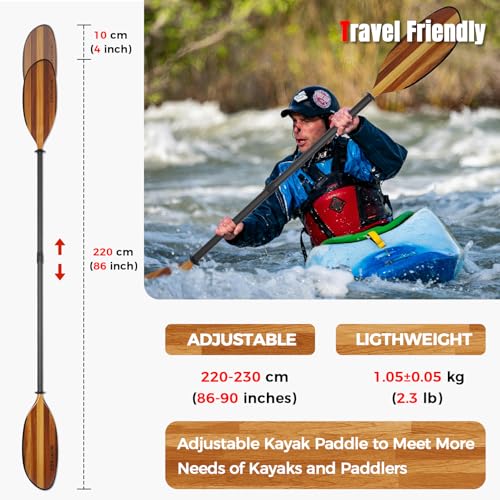 Kayak Paddle with Full Carbon Fiber Shaft and Wooden Blade, Floating Kayak Oars Anti-Collision Edge, Adjustable 220-230 cm/86-90 Inches