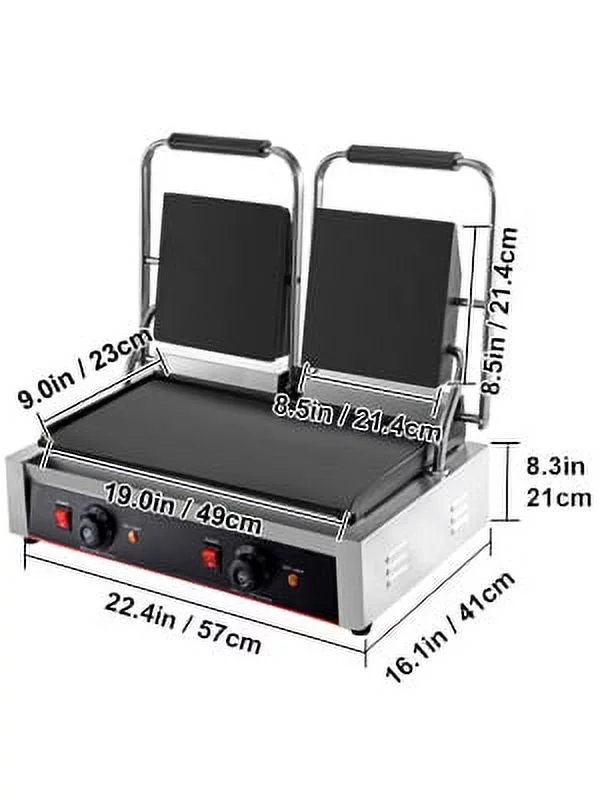 BENTISM 110V Commercial Sandwich Press Grill 3600W Electric Panini Maker Non-Stick 122°F-572°F Temp Control Double Flat Plates for Hamburgers Steaks, 22