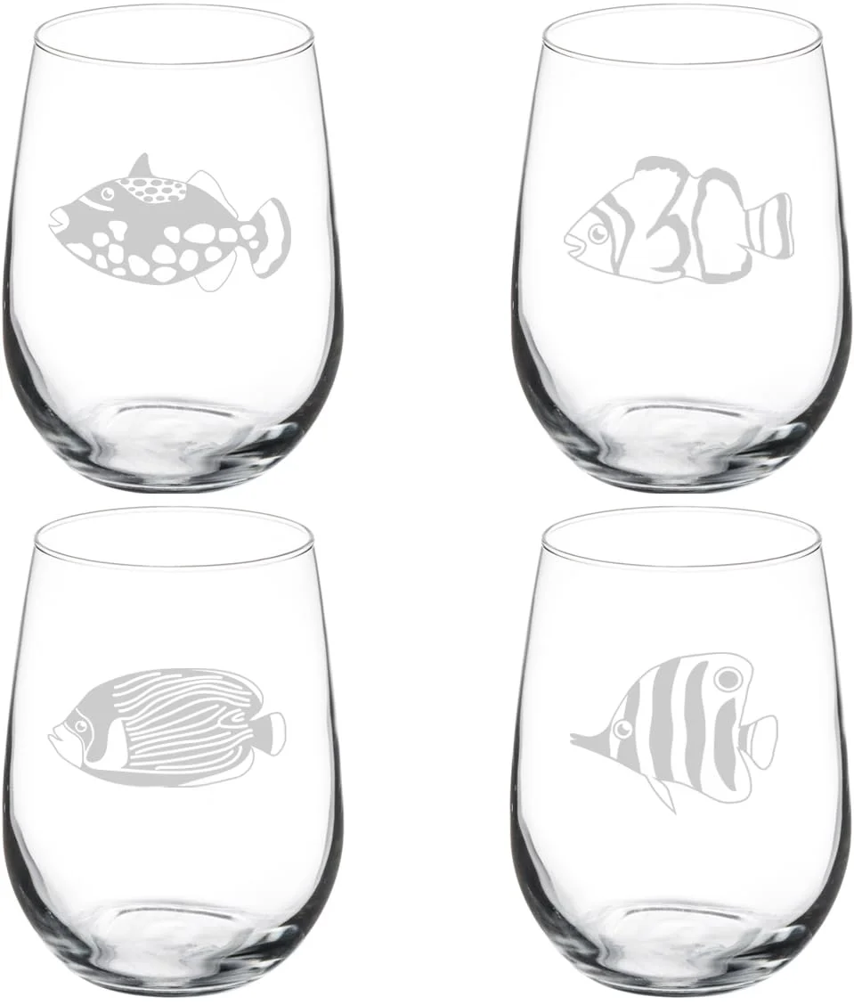 Set of 4 Wine Glass Gift Salt Water Fish Sea Collection (17 oz Stemless)