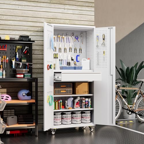 Metal Storage Cabinet with Wheels, Steel Storage Cabinet with 1 Drawer and 2 Adjustable Shelves for Homes, Offices, Kitchens, Schools and Pantries, Black and White