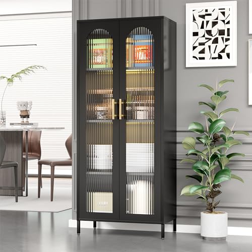 Metal Storage Cabinet, 65” Kitchen Pantry Cabinet with Glass Doors and 3 Adjustable Shelves, Display Curio Cabinet with 2 LED Lights, Black Cabinet for Home Office, Dining Room, Living Room