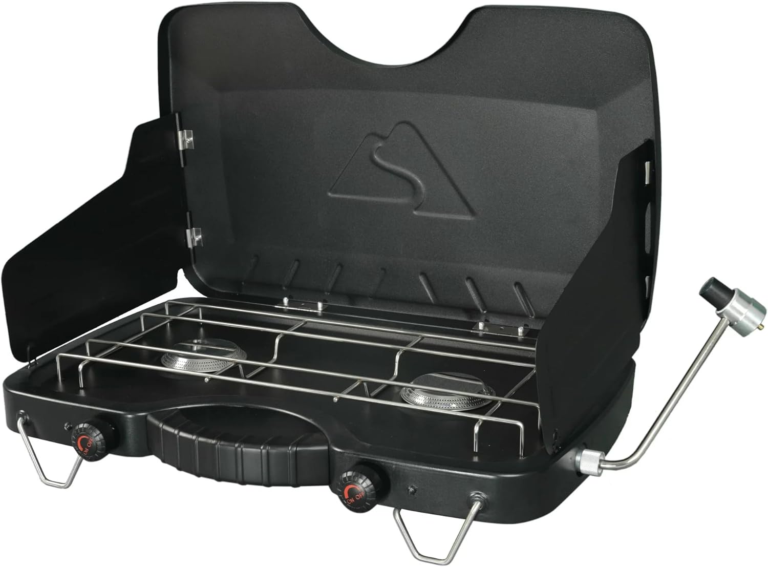 Ozark Trail 2 Burner Propane Gas Camping Stove, Black, Portable Dual Burner, Adjustable Temperature Control, Built-in Wind Guards, 20,000 BTU Heat Output, Ideal for Outdoor Camping