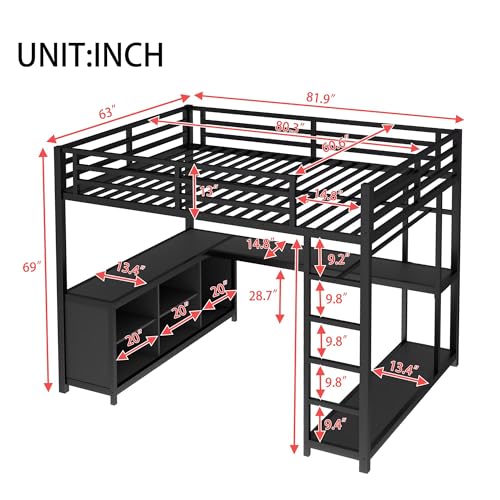 Queen Metal Modern Loft Bed with Wardrobe, L-Shaped Desk, Storage Cubes and Shelves, Black