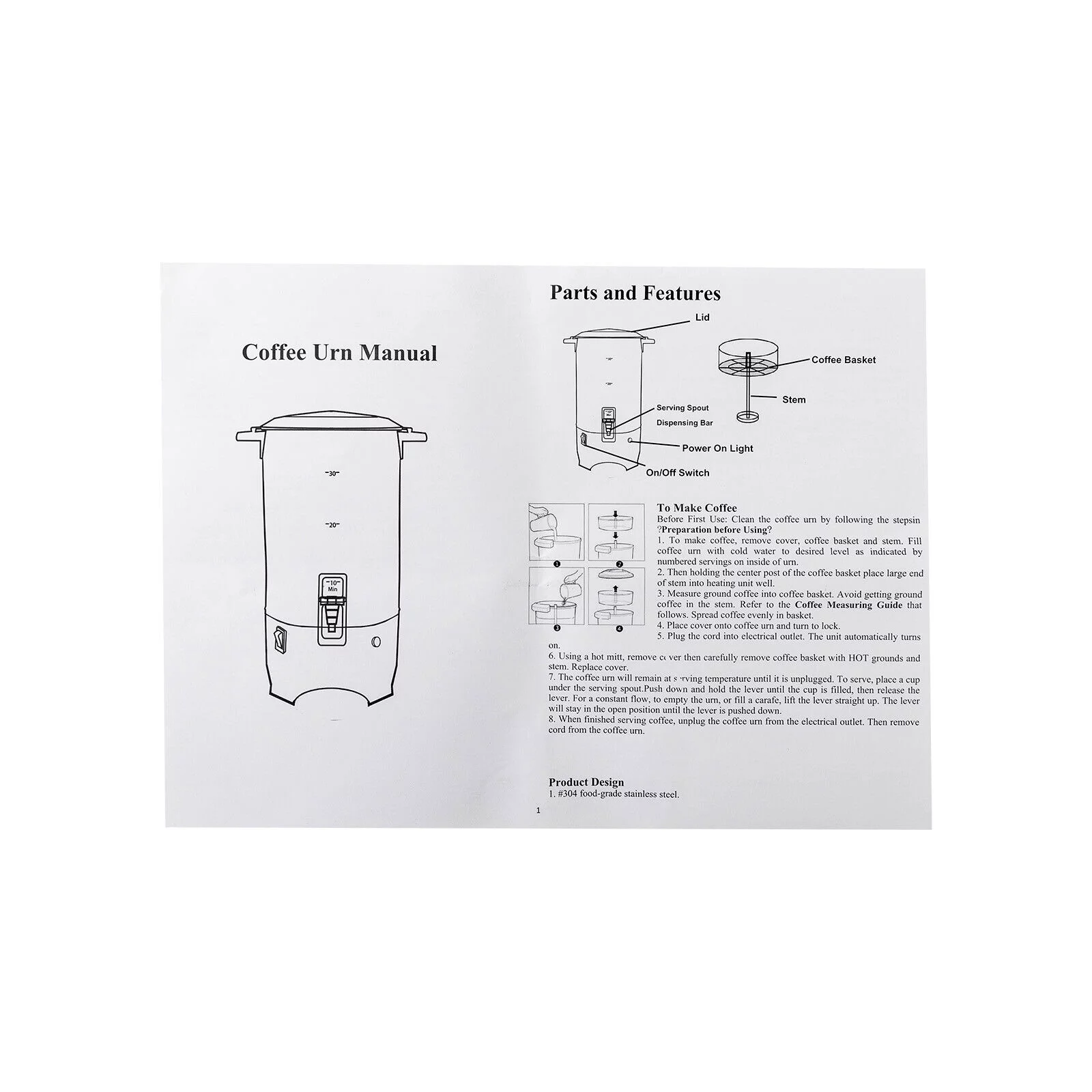 DENSET 1000W 110V Electric Coffee Urn 30 Cup (150 oz.) Hot Water Beverage Stainless Steel Coffee Maker Pot