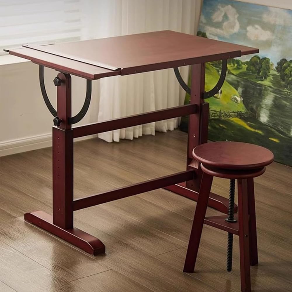 Drawing Table, Studio Painting Table and Craft Table, Height and Angle Adjustable, with Tilting Magnifying Tabletop and T-square