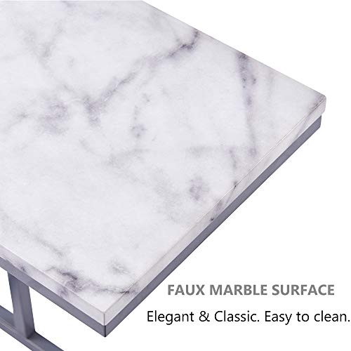 C-Shape Side End Table, Faux Marble Tray Snack Table with Metal Frame, Laptop Coffee Holder, Modern Furniture (Silver)