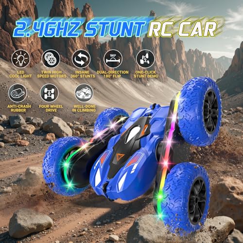 Remote Control Car with LED-Strips: RC Cars for Kids Ages 6-12 Home/After School - 360° Flips Stunt Toy Cars 40 Min Playtime with Dual Batteries & Extra Tires - Birthday Gift for Boys Girls