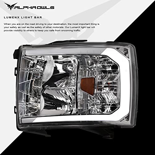 Alpha Owls 8712252 Crystal Headlights With Switchback Sequential LED Light Bar & Startup Light - Black Amber Fits 2007-2013 Chevy Silverado 1500/2007-2014 2500 3500 HD Halogen Models