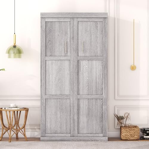 Full Murphy Bed with Bookcase Shelves and 6 Drawers,Metal & Pine Wood Folding Murphy Wall Bed Cabinet for Adults