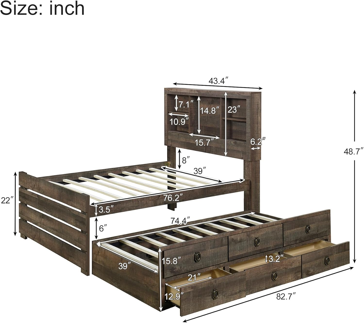 Farmhouse Style Twin Size Bookcase Captain Bed with Three Drawers and Trundle, Rustic Brown