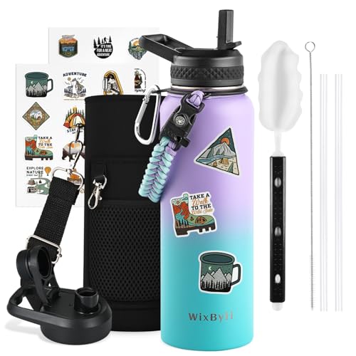 64 oz Insulated Water Bottle with Straw (Cold for 48 Hrs), Half Gallon Stainless Steel Triple Wall Vacuum Sports Water Jug, Leakproof Hydro Cup Flask with Straw Spout Lids & DIY Stickers