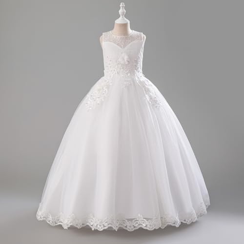 IDOPIP Flower Girl Lace Dress for Kids Wedding Pageant Formal Party Long Gown Princess First Communion Maxi Tulle Dresses