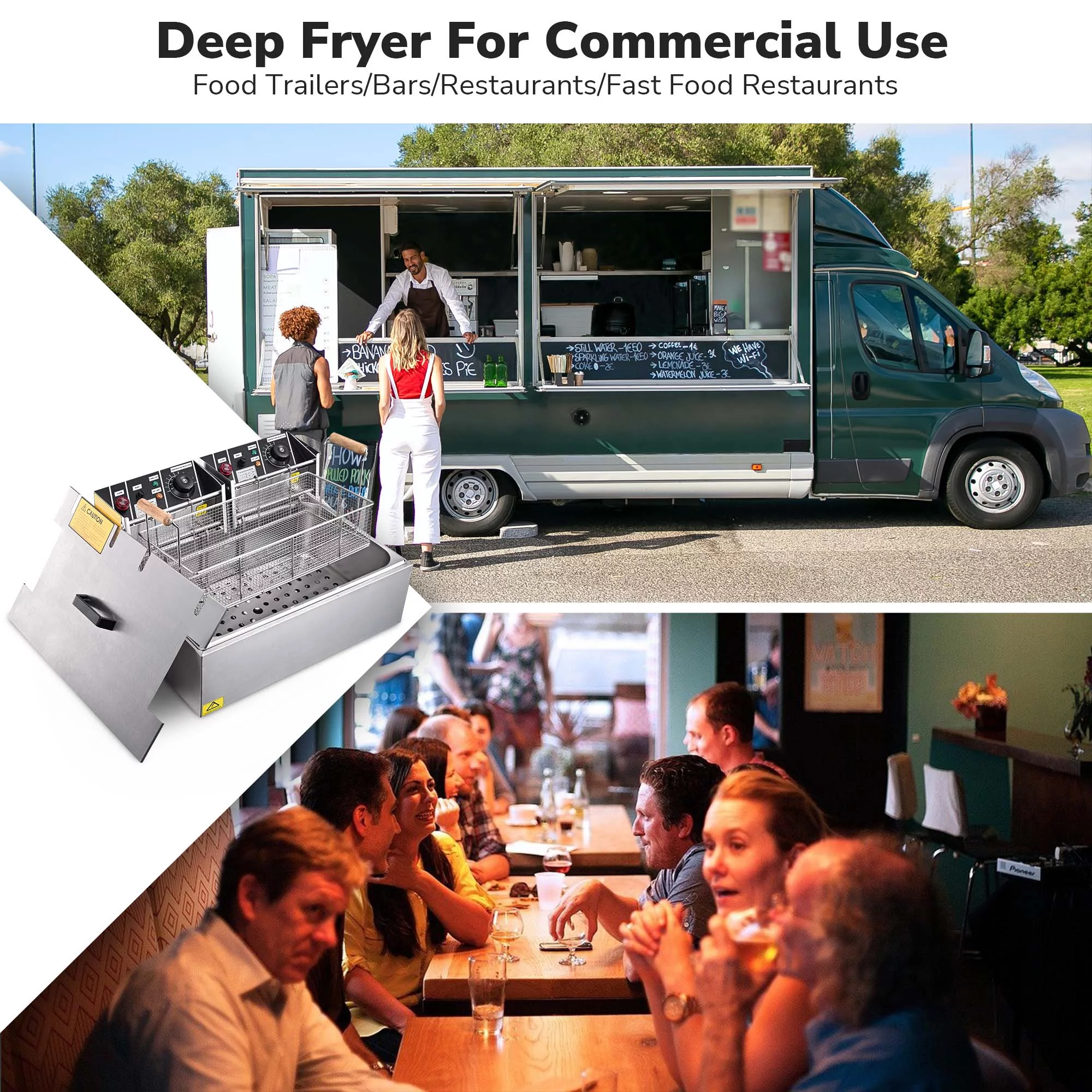 Wechef 5000W 20L Electric Deep Fryer Stainless Steel Single Large Tank Basket Lid Countertop Commercial Restaurant