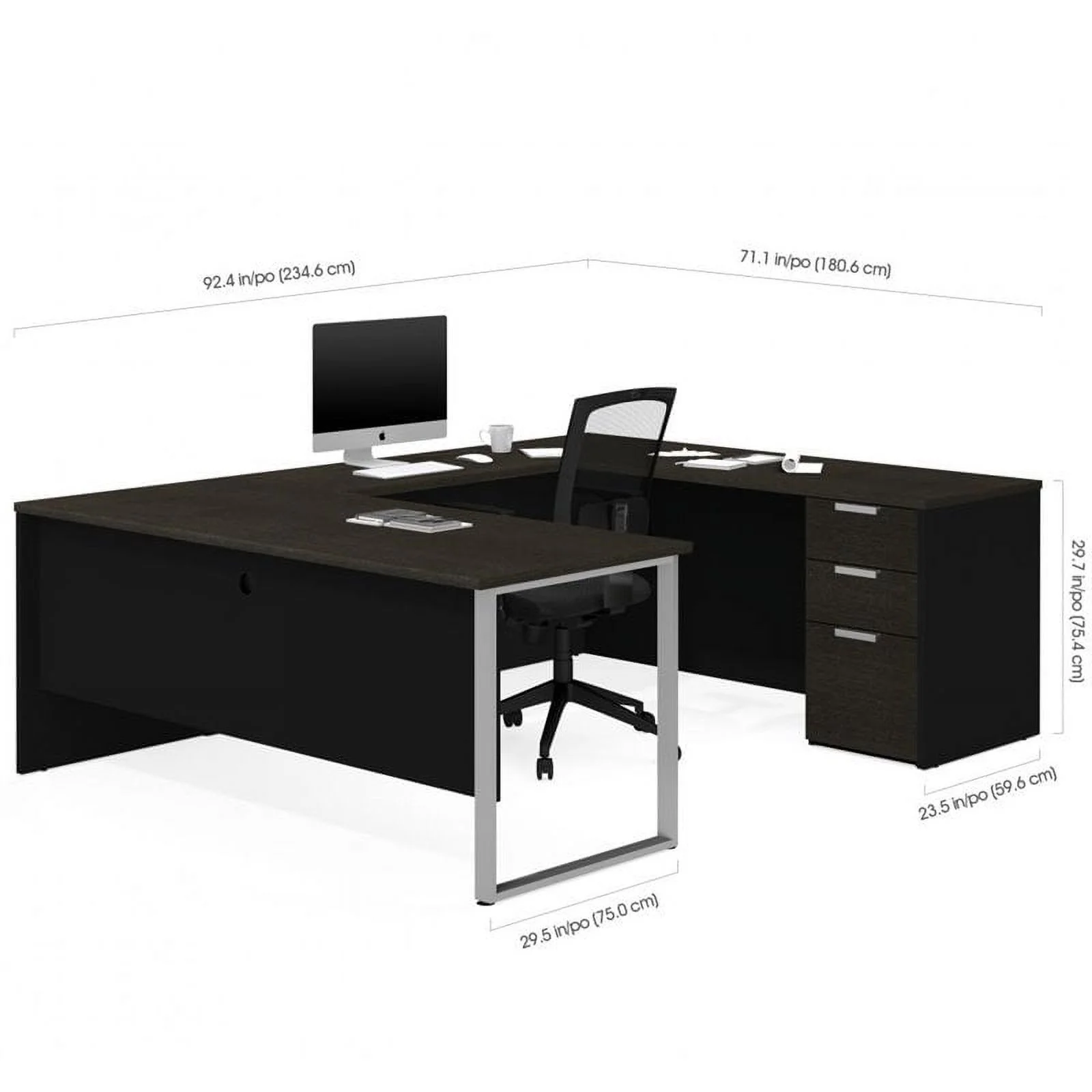 Pemberly Row U Desk with 4 Door Hutch in Deep Gray and Black