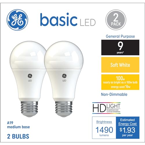 GE Basic LED Light Bulbs, 100 Watt, Soft White, A19, Medium Base (2 Pack)