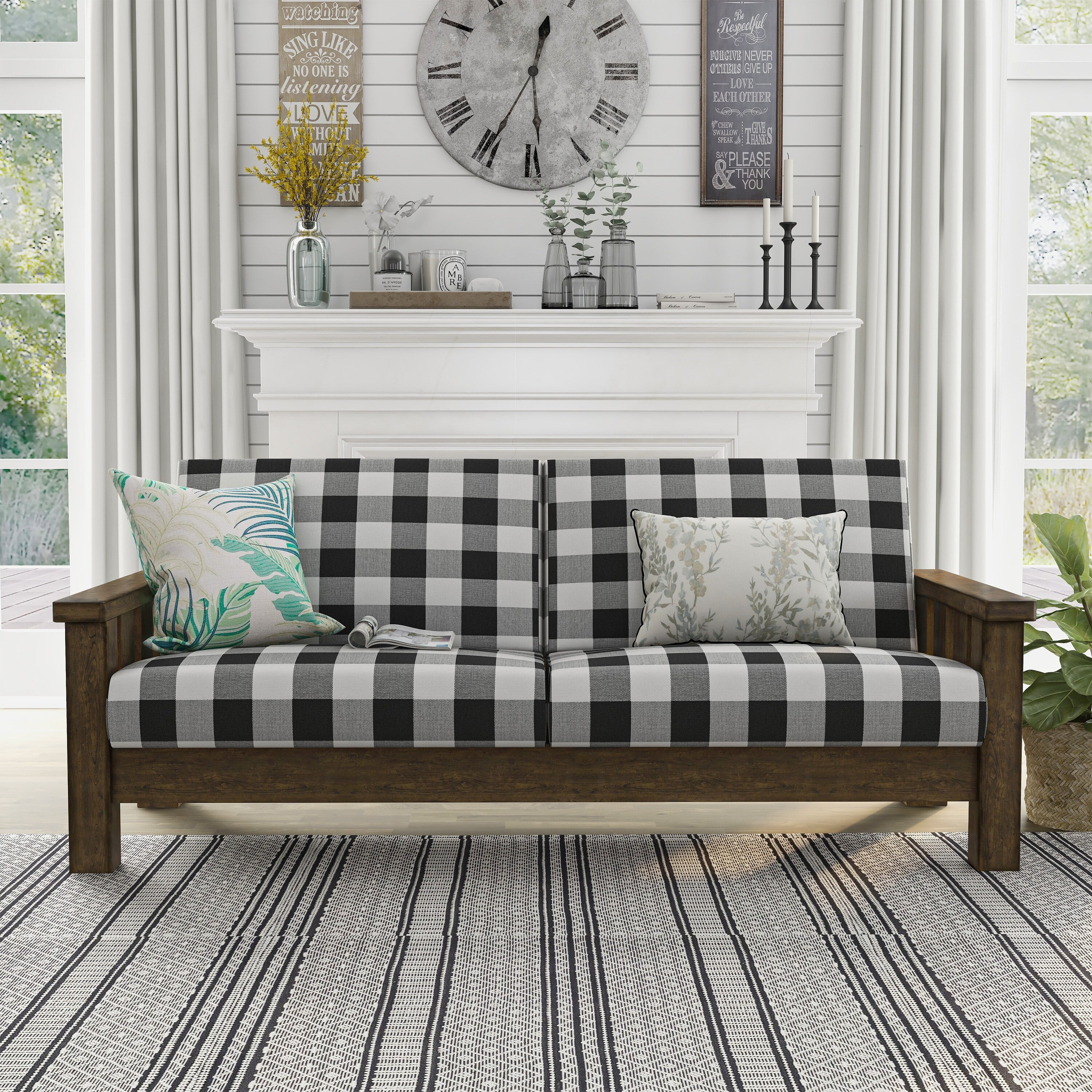 Furniture of America Jimo Farmhouse Black and White Fabric Upholstered Wooden Arms Sofa by