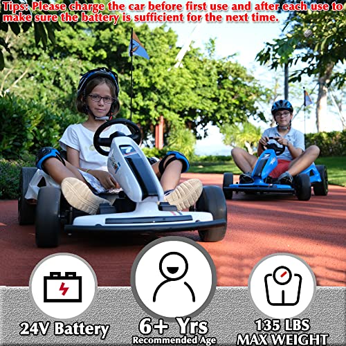 sopbost 24V 10Ah Electric Go Kart with Drifting Function for Big Kids Age 6+, 2WD Ride On Car with Gas and Brake Pedal, Max Speed 7.5Mph, 135 Lbs Load Capacity - White