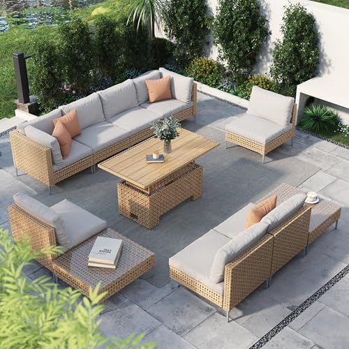 Grand patio 7-Piece Wicker Patio Furniture Set, Boho Outdoor Conversation Set Sectional Sofa with Water Resistant Thick Cushions and Coffee Table, Cream