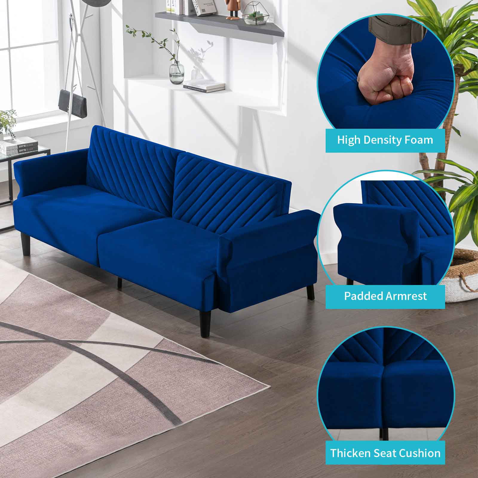 CECER Convertible Futon Sofa Bed | Modern Loveseat | Folding Upholstered Sleeper Sofa with Adjustable Backrest & Armrest,Blue