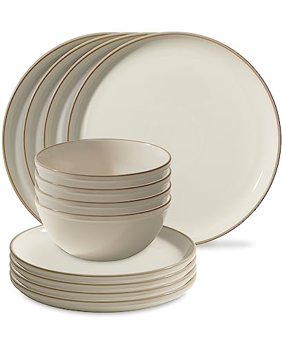 Corelle Stoneware 8-Pc Dinnerware Set, Handcrafted Artisanal Double Bead Plates and Bowls, Solid and Reactive Glazes, Dining Plate Set, Navy