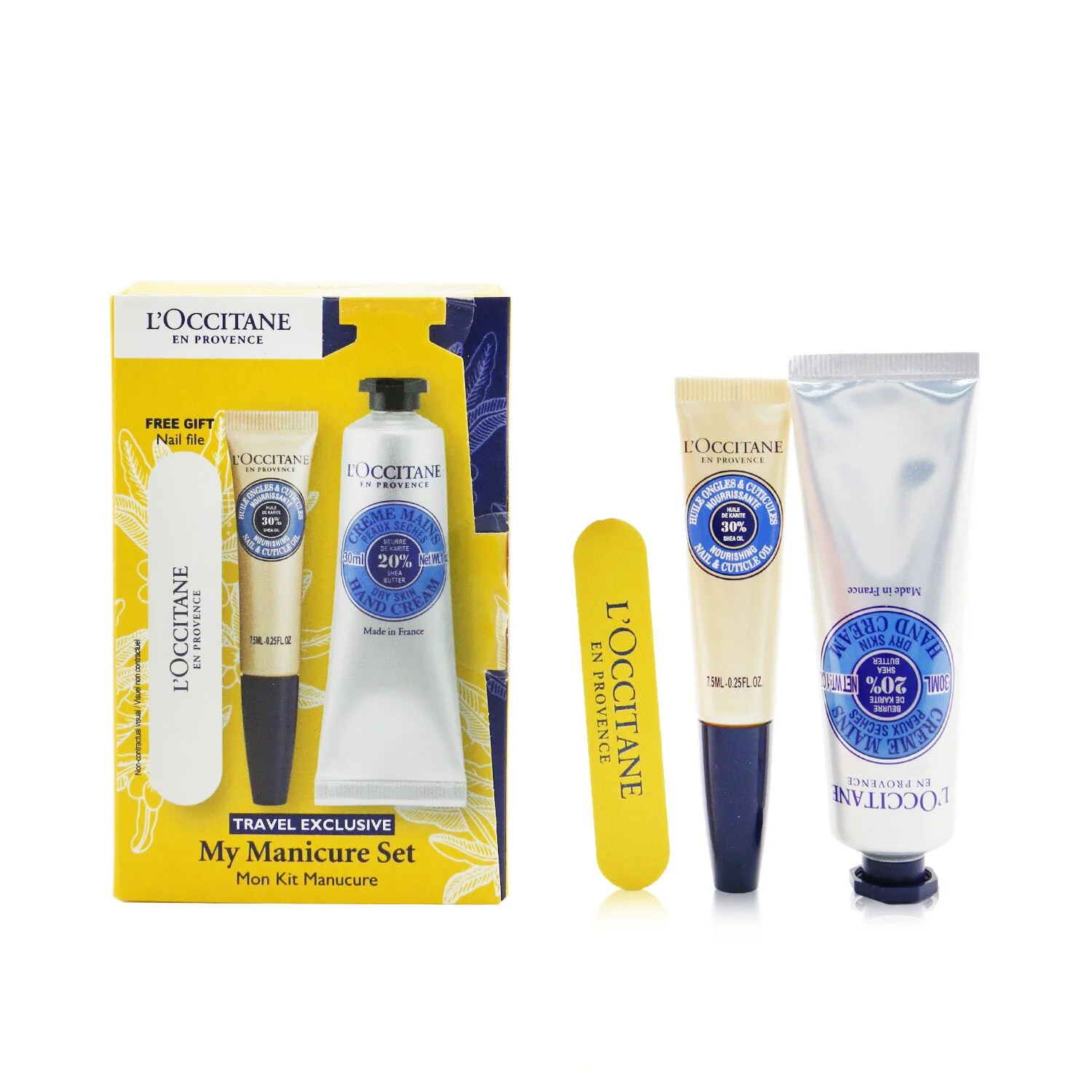 L'Occitane My Manicure Set: Shea Butter Hand Cream 30ml + Shea Butter Nail & Cuticle Nourishing Oil 7.5ml + Nail File  3pcs
