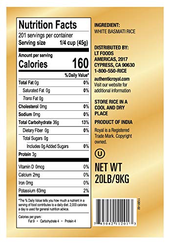 Authentic Royal - Naturally Aged Long Grain Indian White Basmati Rice - 20 Pound