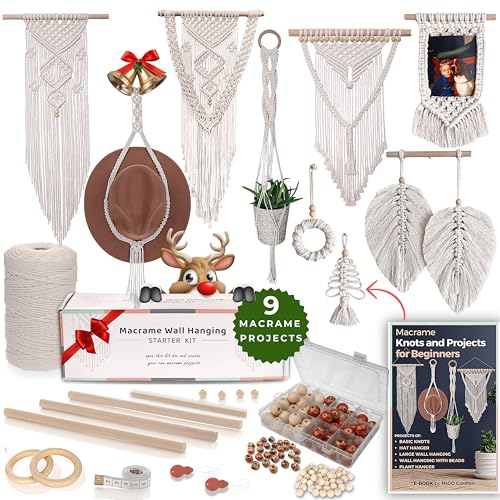 MIGO Creates DIY Macrame Kit for Beginners with 9 Macrame Projects Ebook, 115 Pcs Macrame Supplies & 220yd Cotton Yarn | Create Unique Bohemian Decor Craft Projects! Perfect DIY Crafts for Adults!