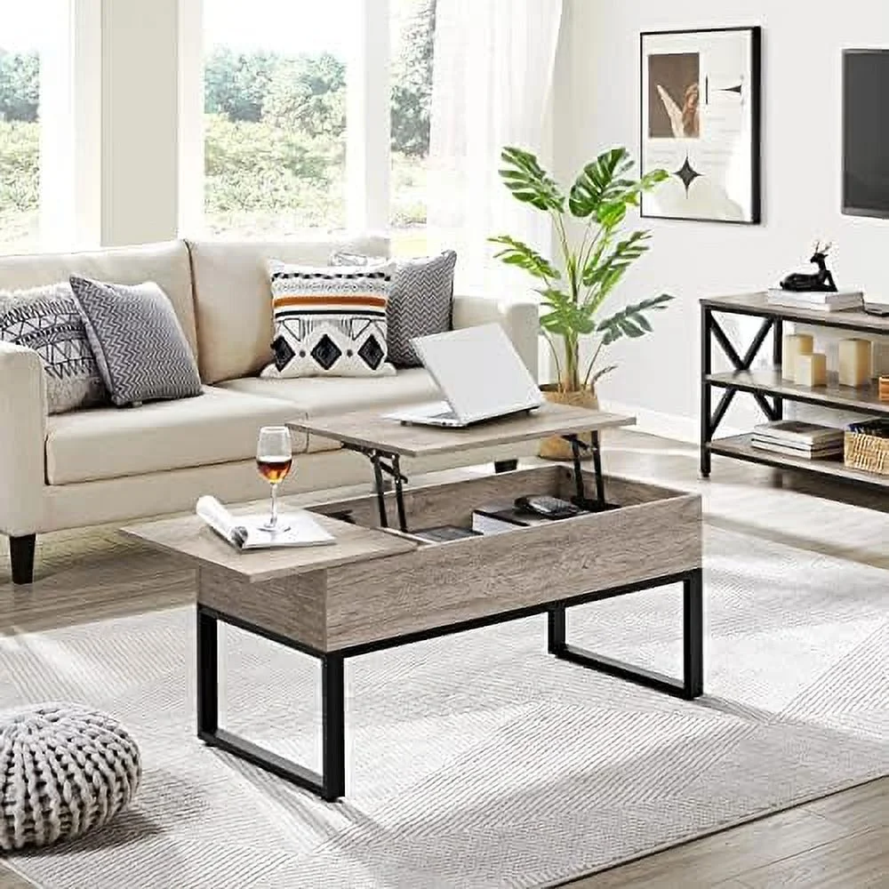 Split Lift Top Coffee Table with Hidden  Compartments and Side Drawer for Living Room  Retro Center Cocktail Table with Strong Iron Legs for  Office  40x20x20\u201D  Gray