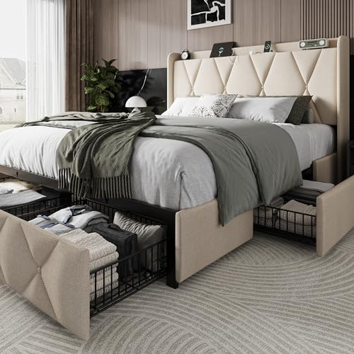 Queen Bed Frame with 4 Storage Drawers and Charging Station, Upholstered Platform Bed Frame with Storage Headboard, No Box Spring Needed, Easy Assembly, Black