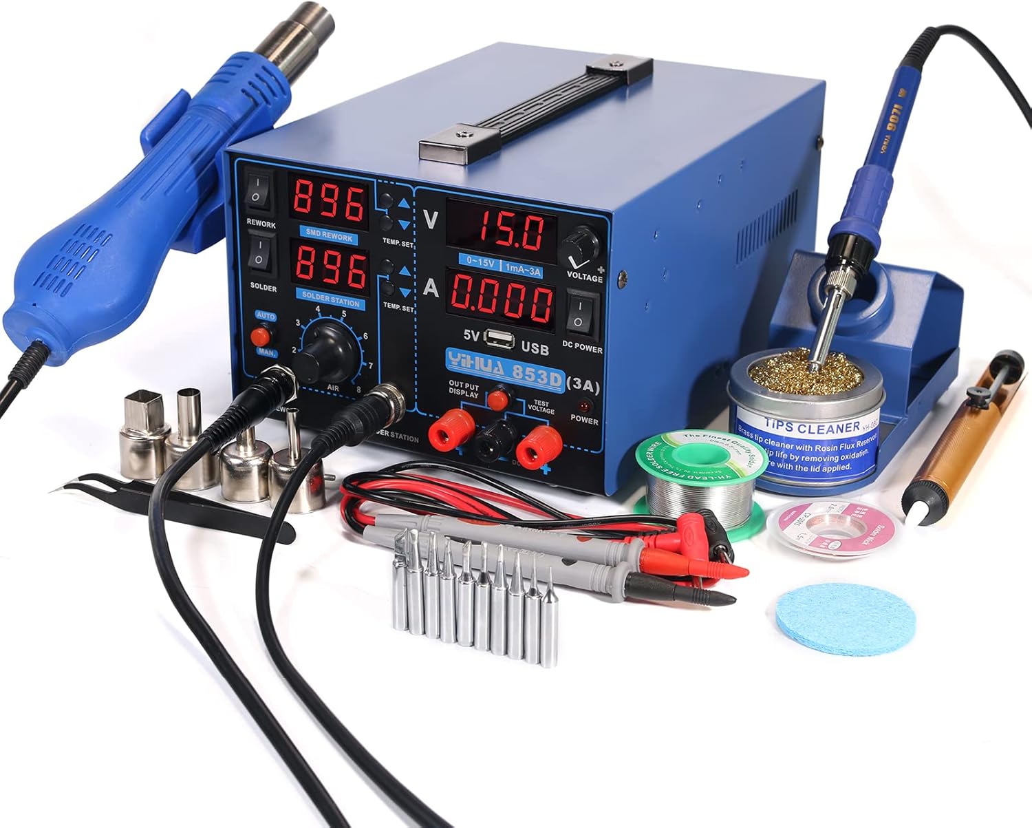 YIHUA 853D USB 3A-Three Tools- Soldering Station, Hot Air Rework Station and Power Supply 0~3A, 0-15V with output and test modes. Also oC/��F display, Digital Cal, Sleep Function