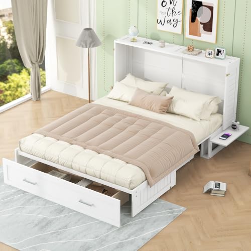 Ball & Cast Queen Size Murphy Bed Wall Chest with Closet and Storage Drawers,Wood Hideaway Platform Bedframe can be Folded,Easy Assembly,for Kids Bedroom,Student Dorms,White