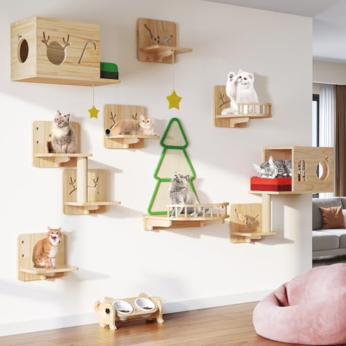 Cat Wall Shelves and Perches, Solid Wood Wall Mounted Cat Furniture, Set of 13 Cat Climbing Shelves with Moon Hammock, House, Wall Ladder, Scratching Post and Cat Tunnel