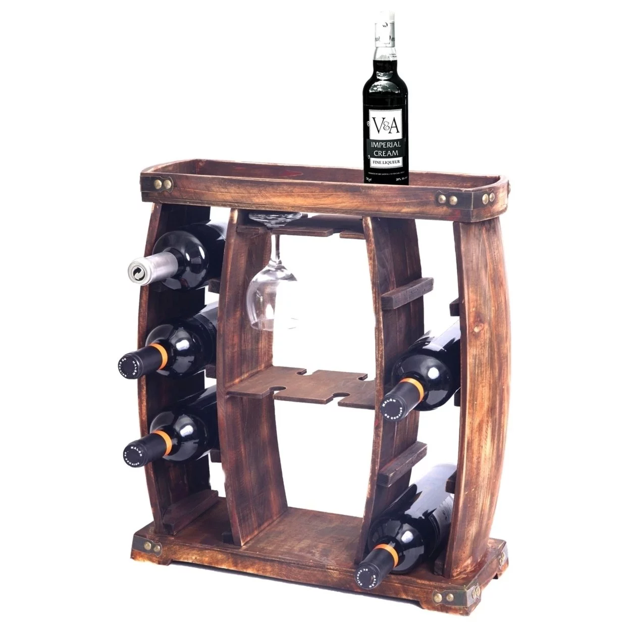 Rustic Wooden Wine Rack with Glass Holder-8 Bottle Decorative Wine Holder