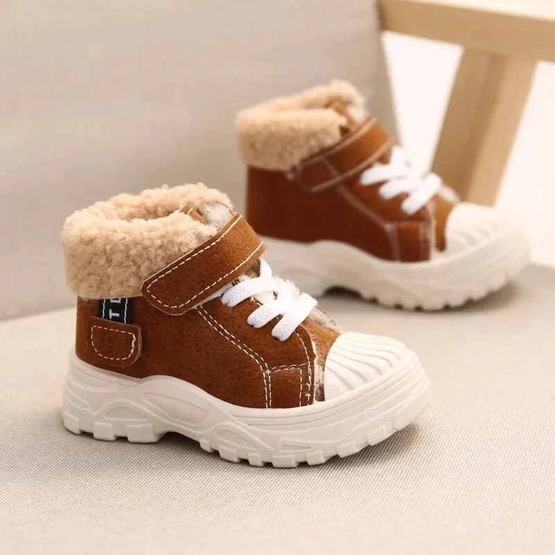 2021 Children Warm Boots Winter New Boys Plus Thicken Velvet Cotton Shoes Girls Waterproof Short Boots Baby Cotton Boots 553brown 27(insole 16cm)
