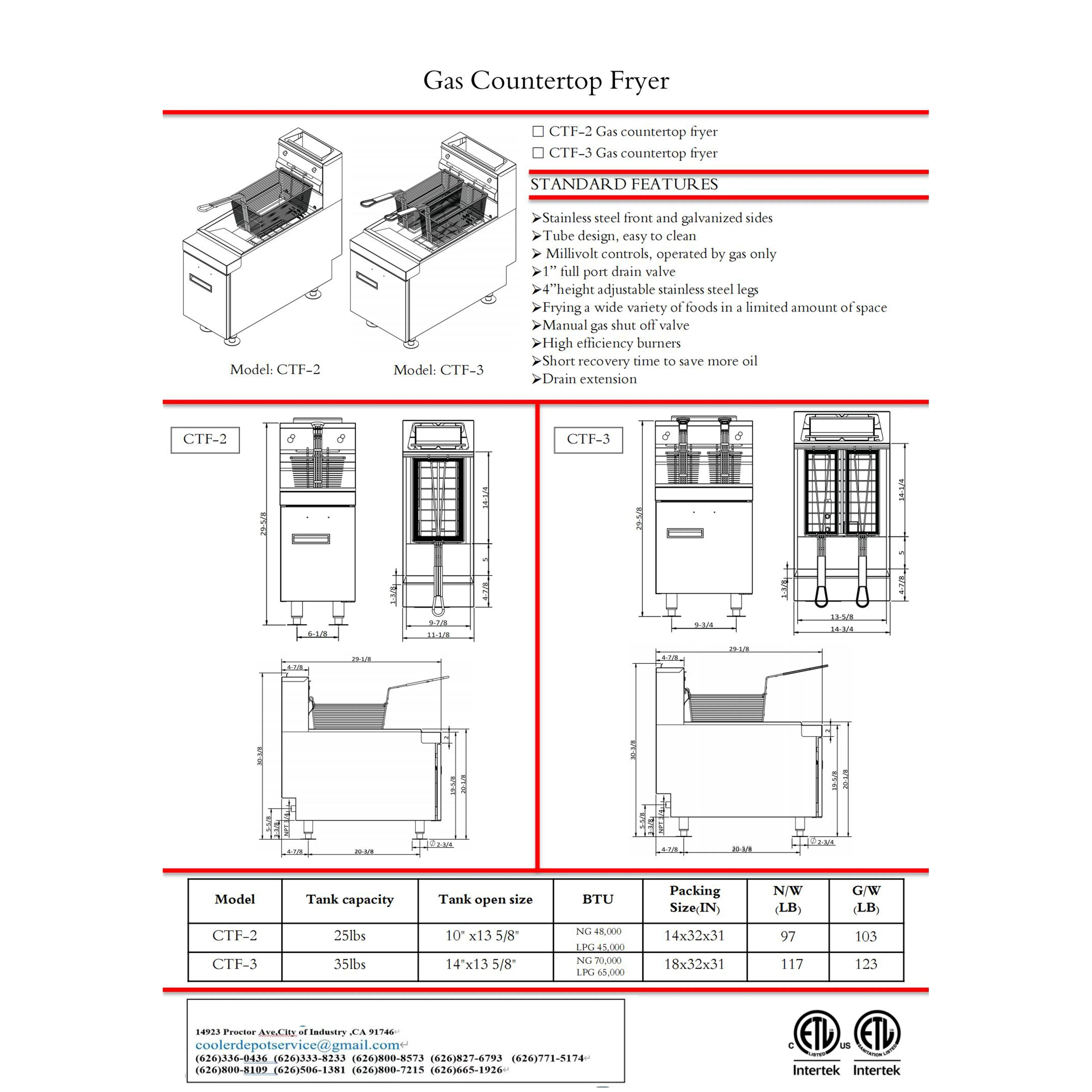25lbs Commercial Gas Countertop Deep Fryer Two Tube Burners 48,000BTU