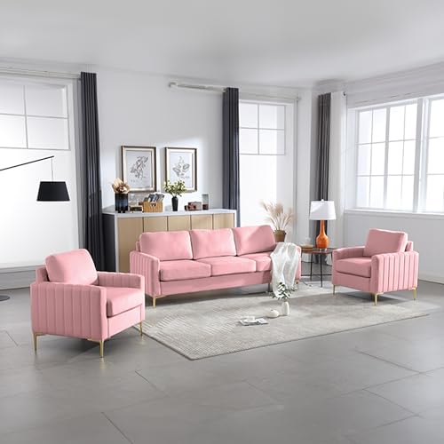 3 Piece Sofa Set Living Room Furniture Sets, Comfy Sofa and Loveseat and Chair, Velvet Tufted 3 Seater Couch Sets for Bedroom Office juegos de muebles de sala Modern Soft Cushioned& Golden Leg (Black)